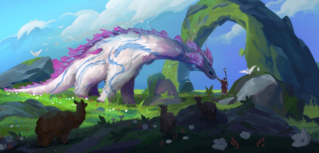 A robed traveler reaches out to a massive, gentle dragon-like fantasy creature in a lush green valley under blue skies. Concept art from the world of Nyora TTRPG.