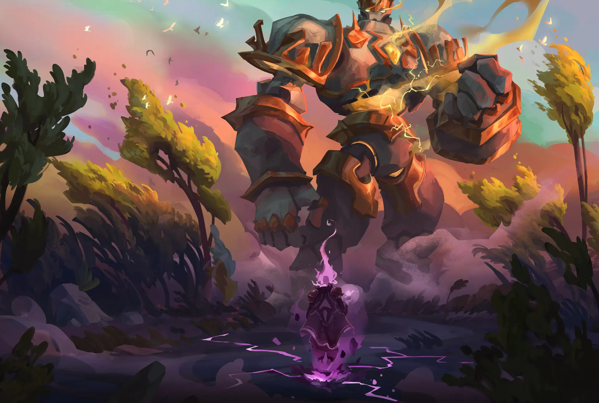 Epic fantasy artwork showing a small, glowing mage facing a towering armored giant under a colorful sunset, concept art for the Nyora TTRPG world.