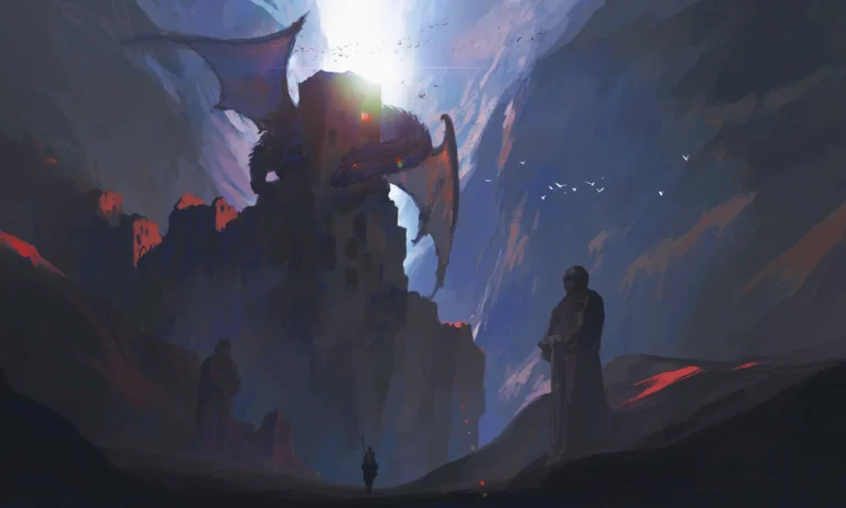 Ancient dragon circling a ruined mountain fortress above three adventurers
