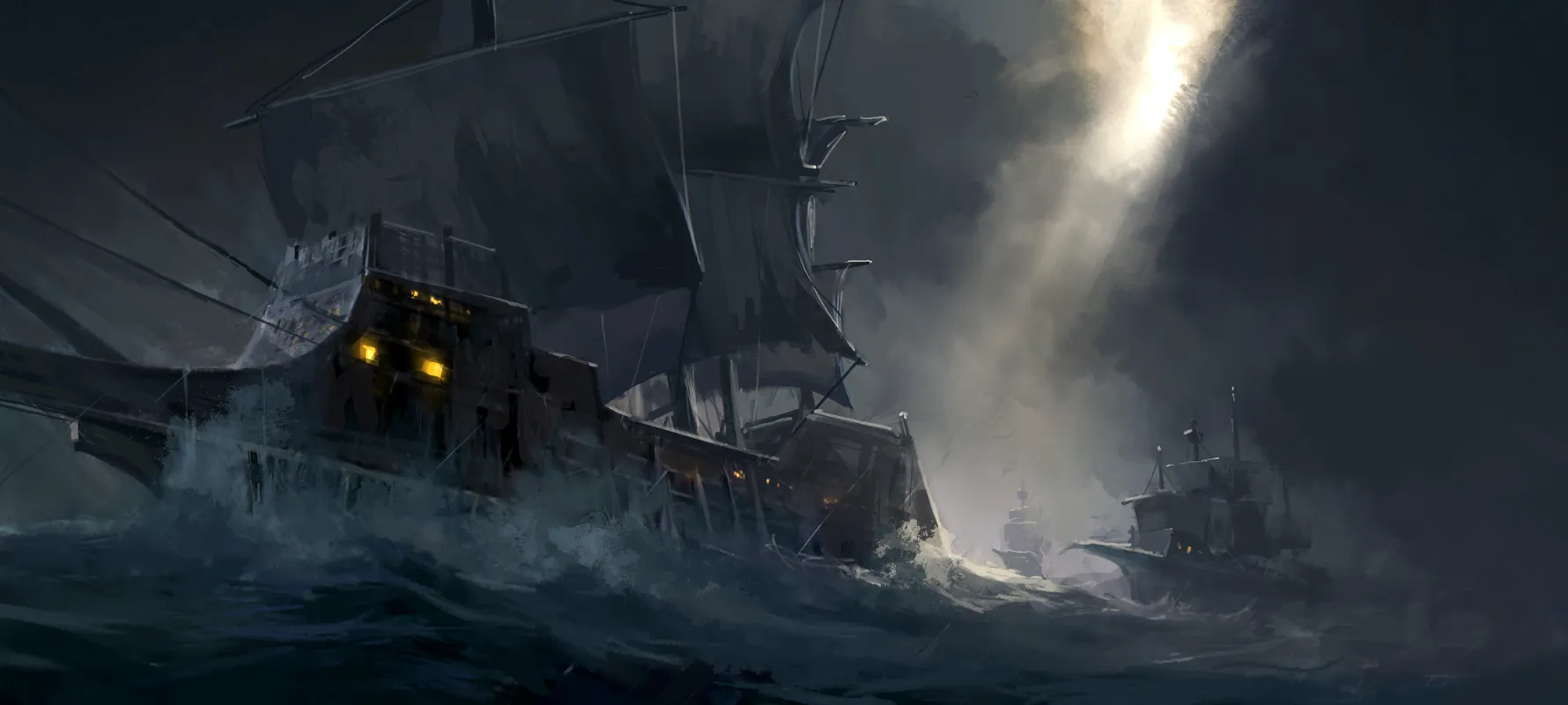 Three pirate ships fighting through rough seas during a stormy D&D boss fight