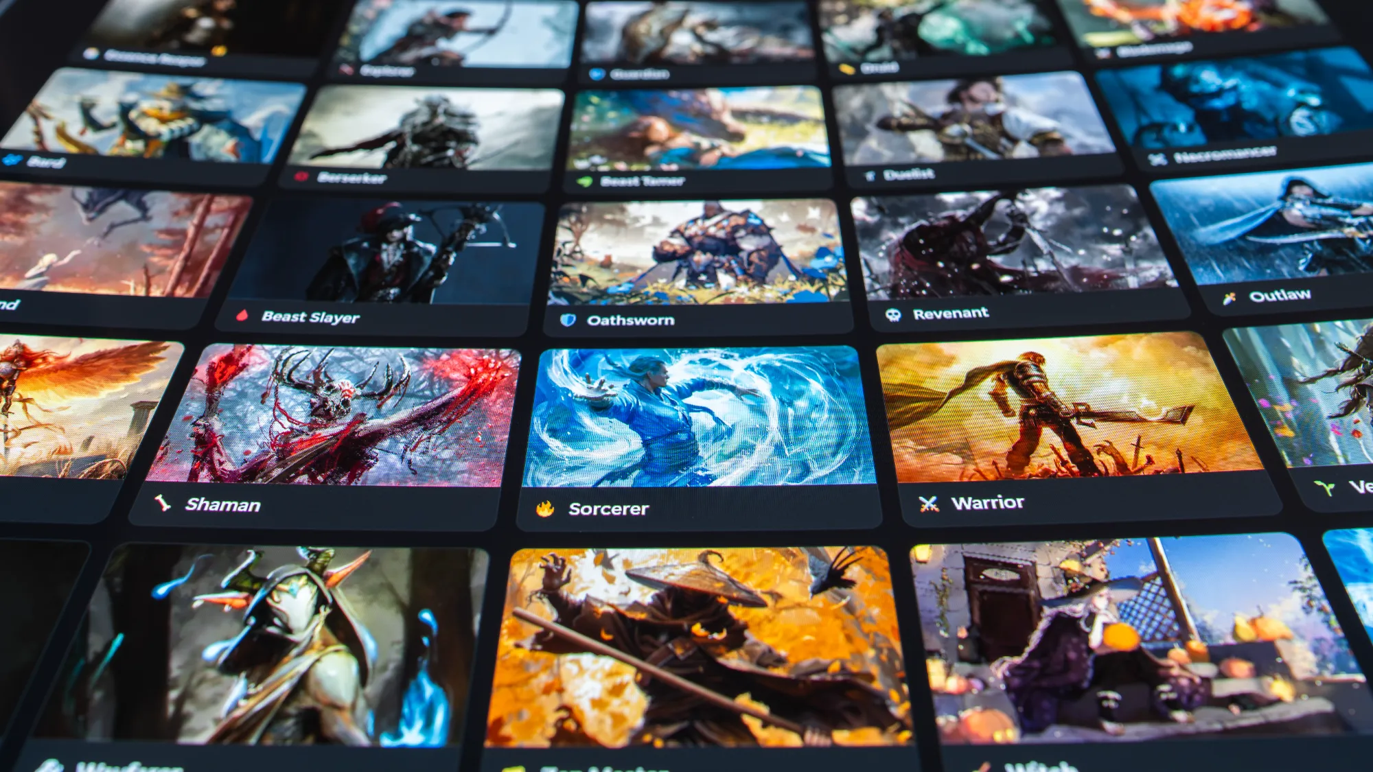 A grid of colourful Beyond The Hearth Archetype cards, including Berserker, Beast Tamer, Oathsworn, Sorcerer, Pactbound, and Warrior.