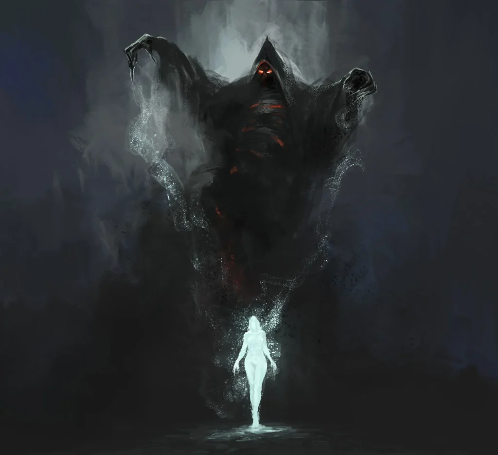 A lone Pactbound faces a towering shadowy patron in a dark, misty scene, illustrating a magical covenant in Beyond The Hearth.
