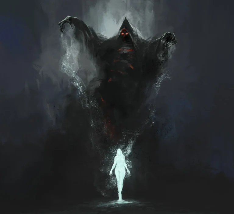 A lone Pactbound faces a towering shadowy patron in a dark, misty scene, illustrating a magical covenant in Beyond The Hearth.