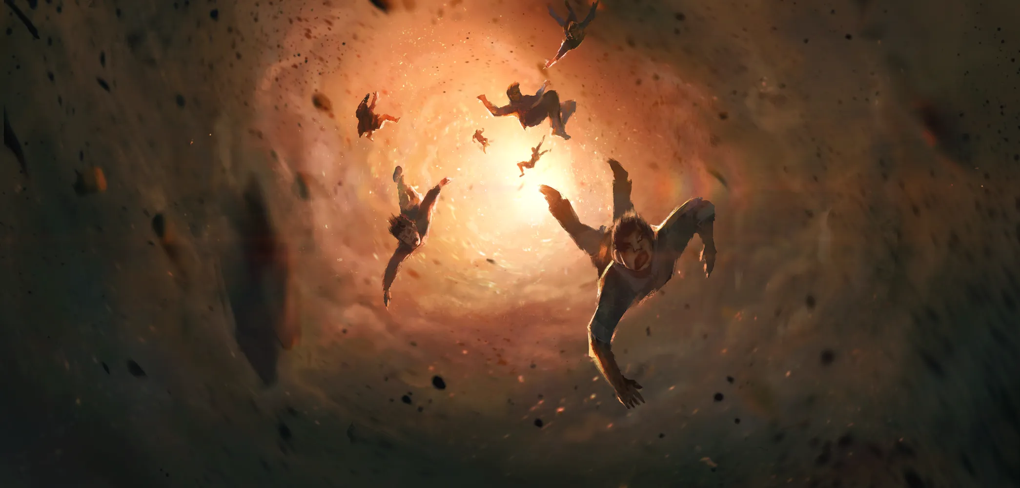 Adventurers falling through a fiery magical vortex as a boss fight enters its second phase