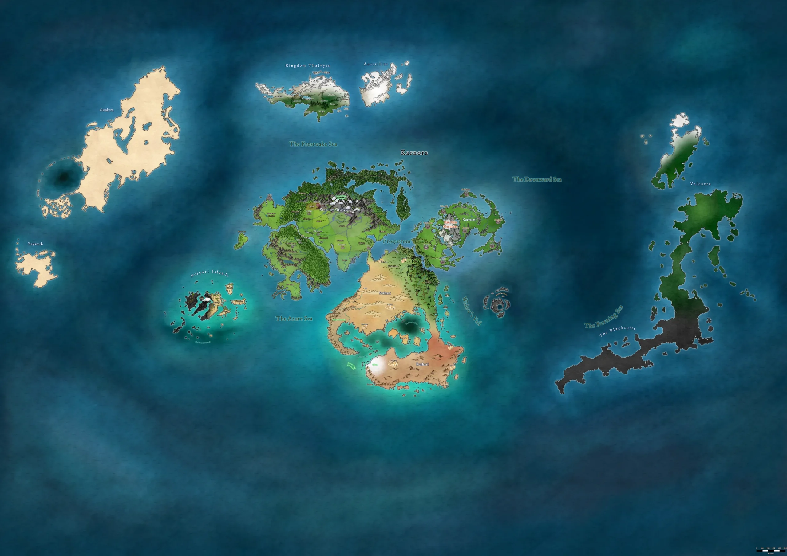 A digital drawn map of a fantasy world for a TTRPG