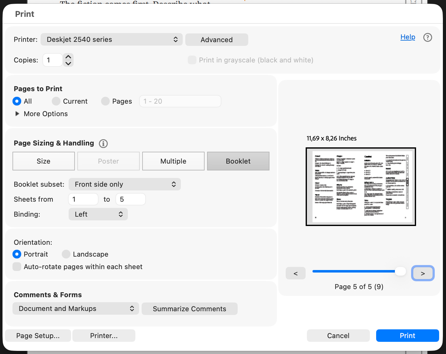 A screenshot of adobe acrobat showing the printing settings for a booklet.