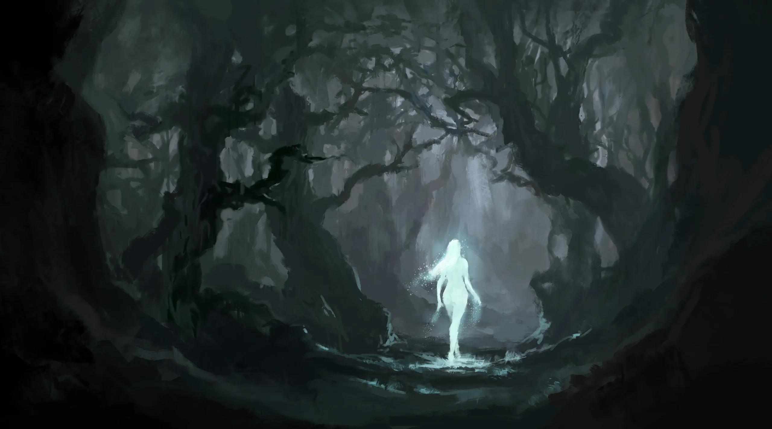 A glowing spirit wanders through an ancient, misty forest, evoking the mystery and wonder of fantasy TTRPG exploration.