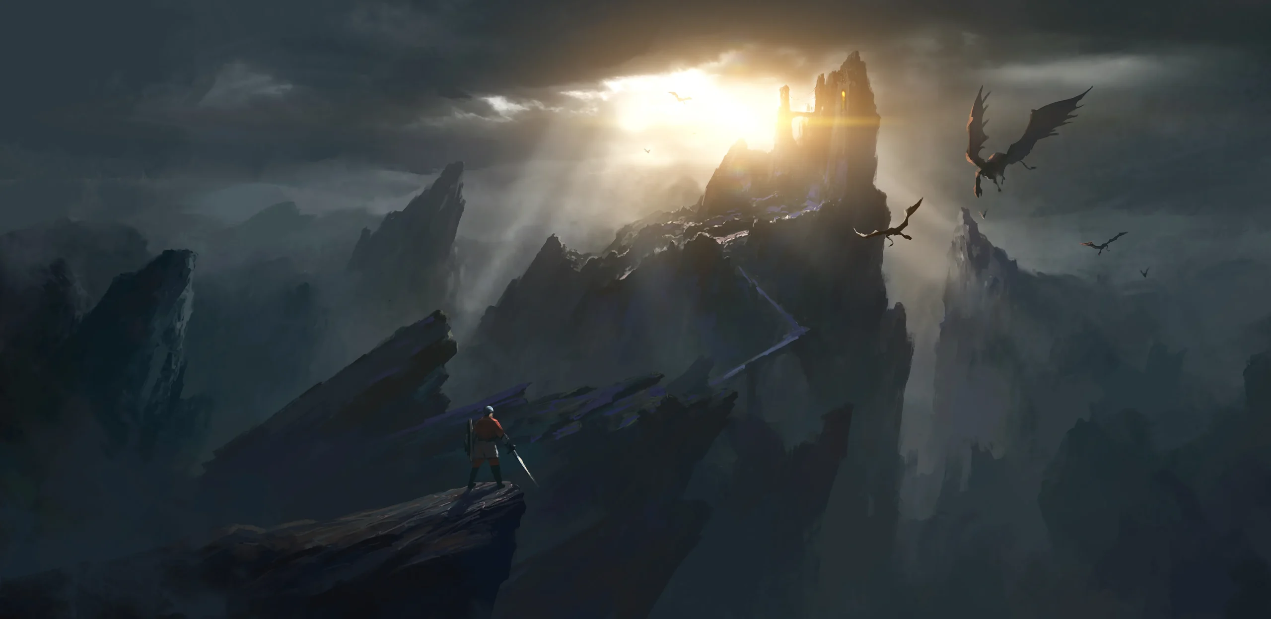 A lone fantasy adventurer overlooks a ruined mountain castle surrounded by dragons, illustrating discovery and adventure in TTRPG travel.