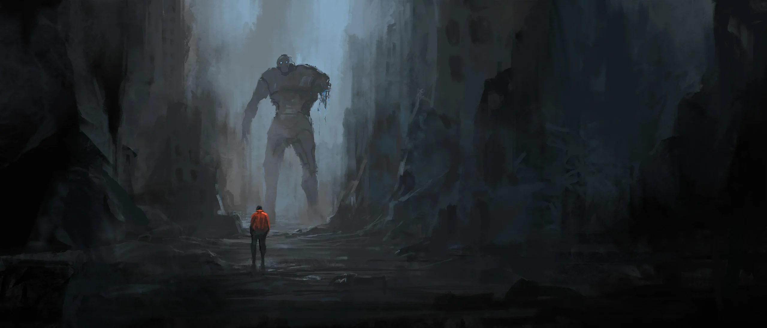 Human in red coat standing in ruins fighting a magical, giant golem.