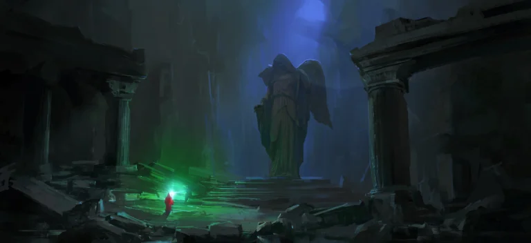 A lone spellcaster holding a glowing green staff in a ruined fantasy temple, illustrating the atmosphere of healing in TTRPGs.