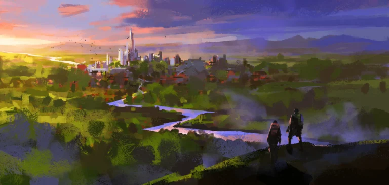 Two fantasy travellers discover a distant ancient city beyond a lush valley, capturing the sense of wonder in TTRPG exploration. Copy alt text