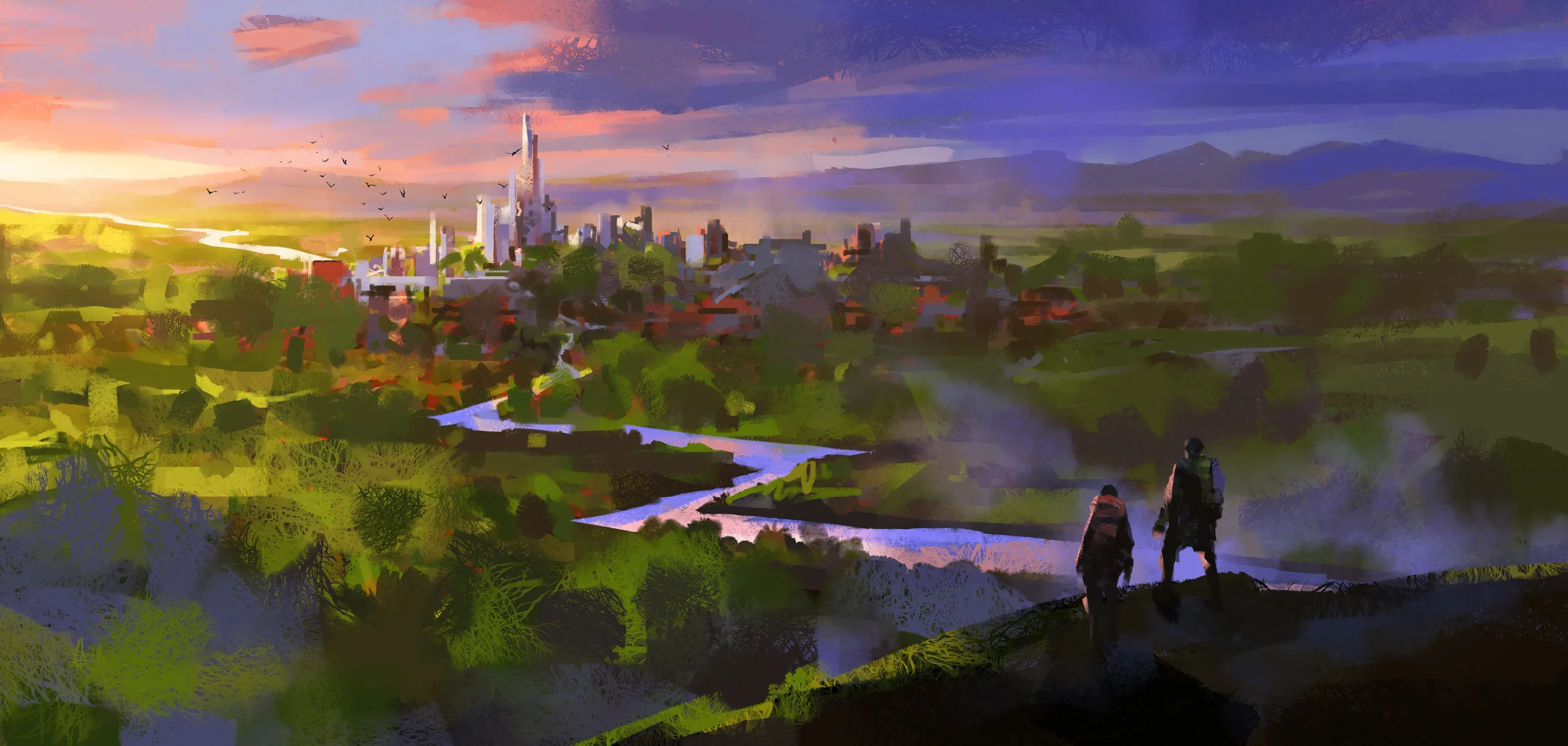 Two fantasy travellers discover a distant ancient city beyond a lush valley, capturing the sense of wonder in TTRPG exploration. Copy alt text